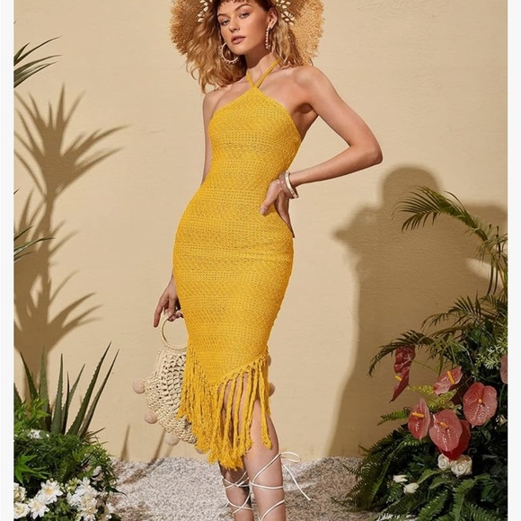 NWT FLOERNS Yellow Crochet Halter Midi Dress with Fringe - Picture 4 of 13